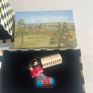 Pair of McKenzie Childs Baby Sock Glass Ornament with Collectors Box